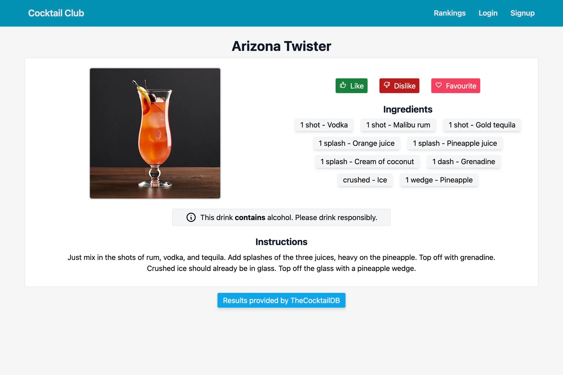The Cocktail Clubs Drinks page