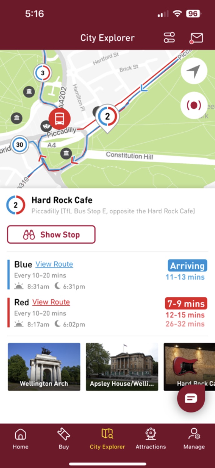 Big Bus Tours map screen