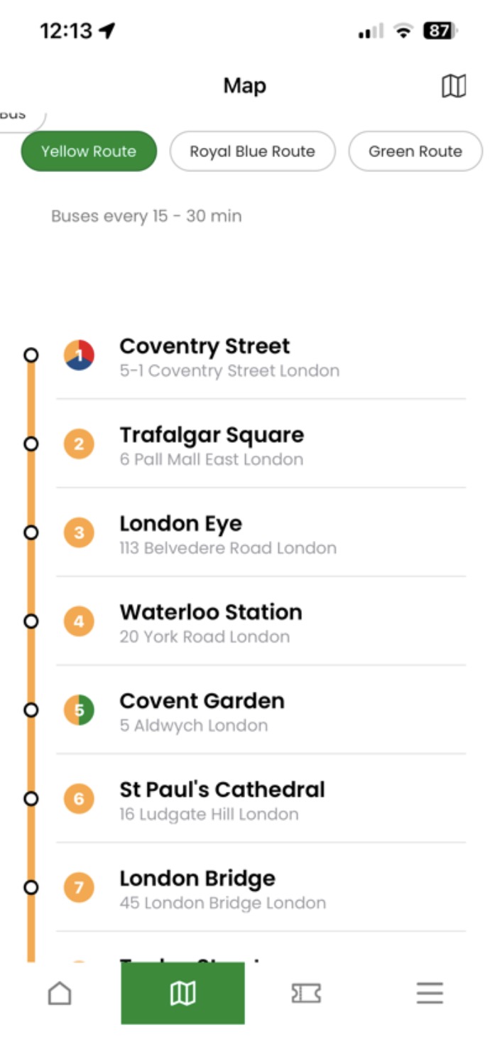 Tootbus yellow route timeline screen