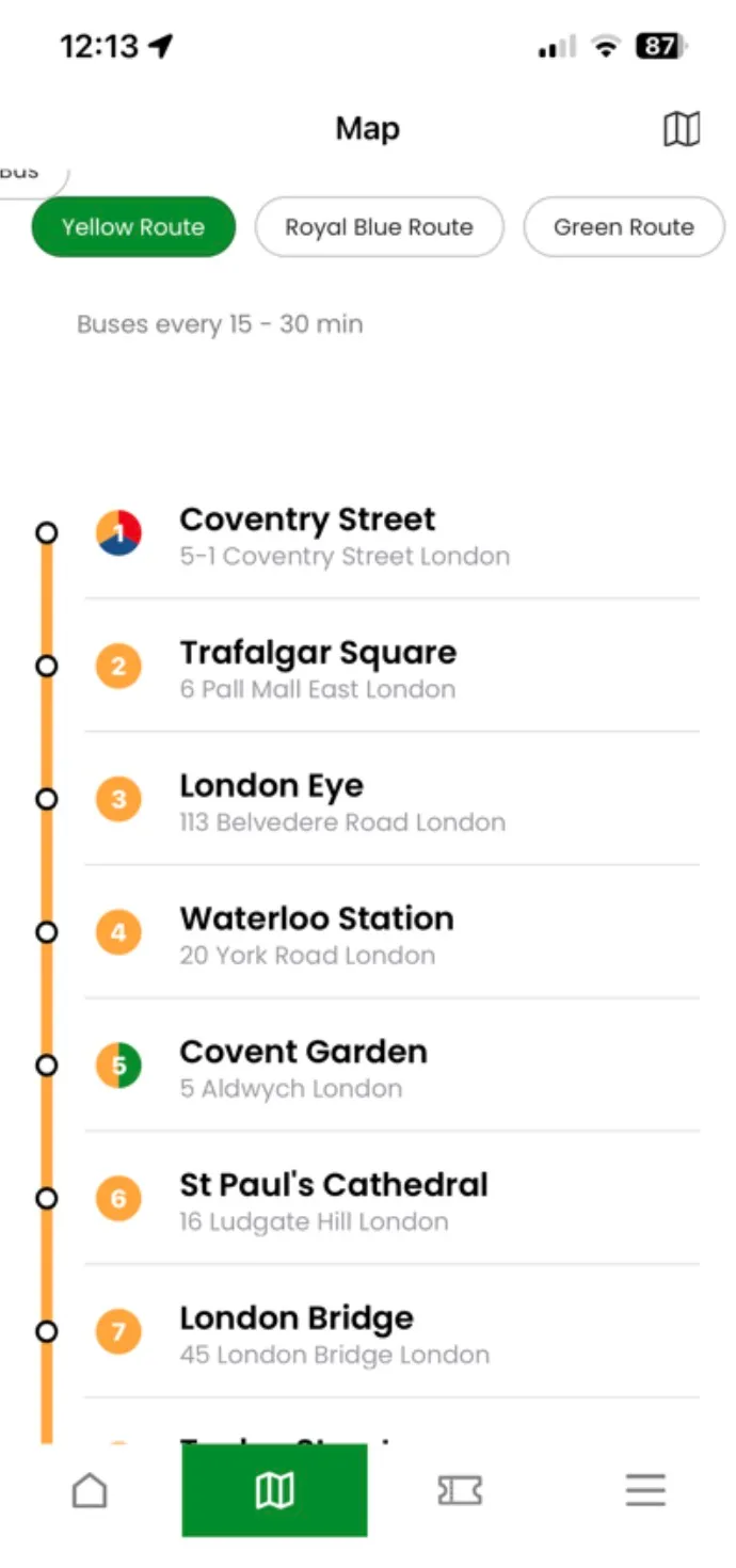 Tootbus yellow route timeline screen