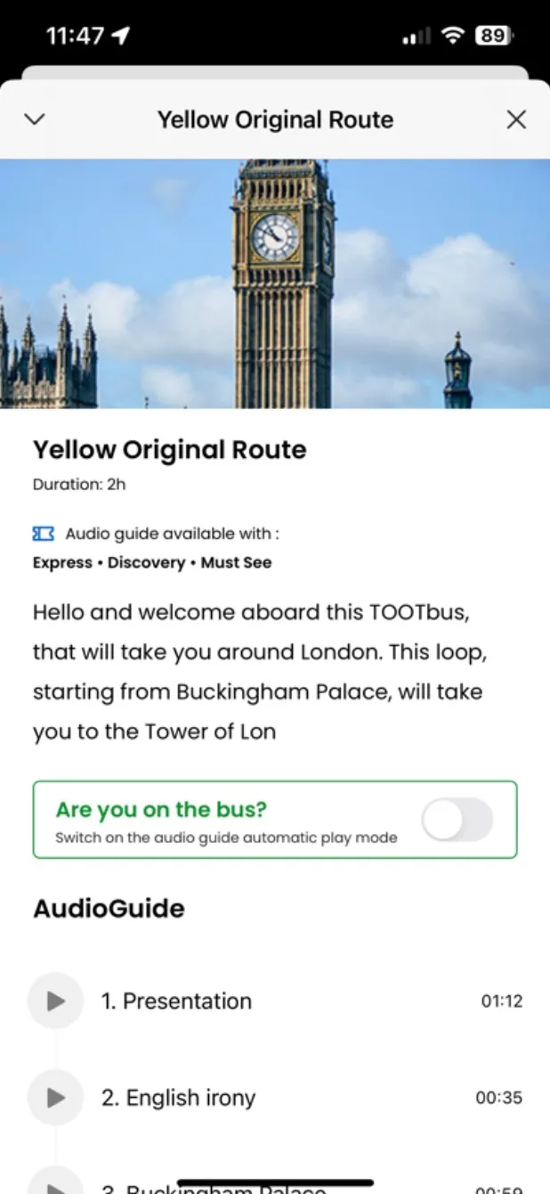 Tootbus yellow route details screen