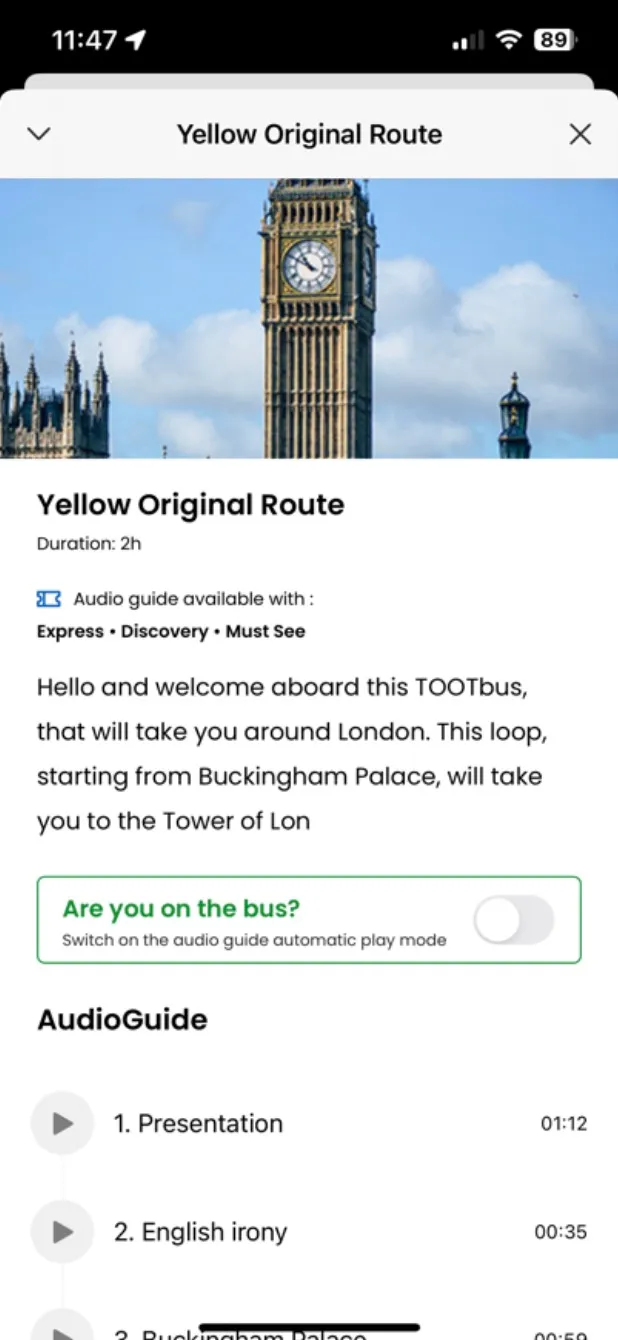 Tootbus yellow route details screen