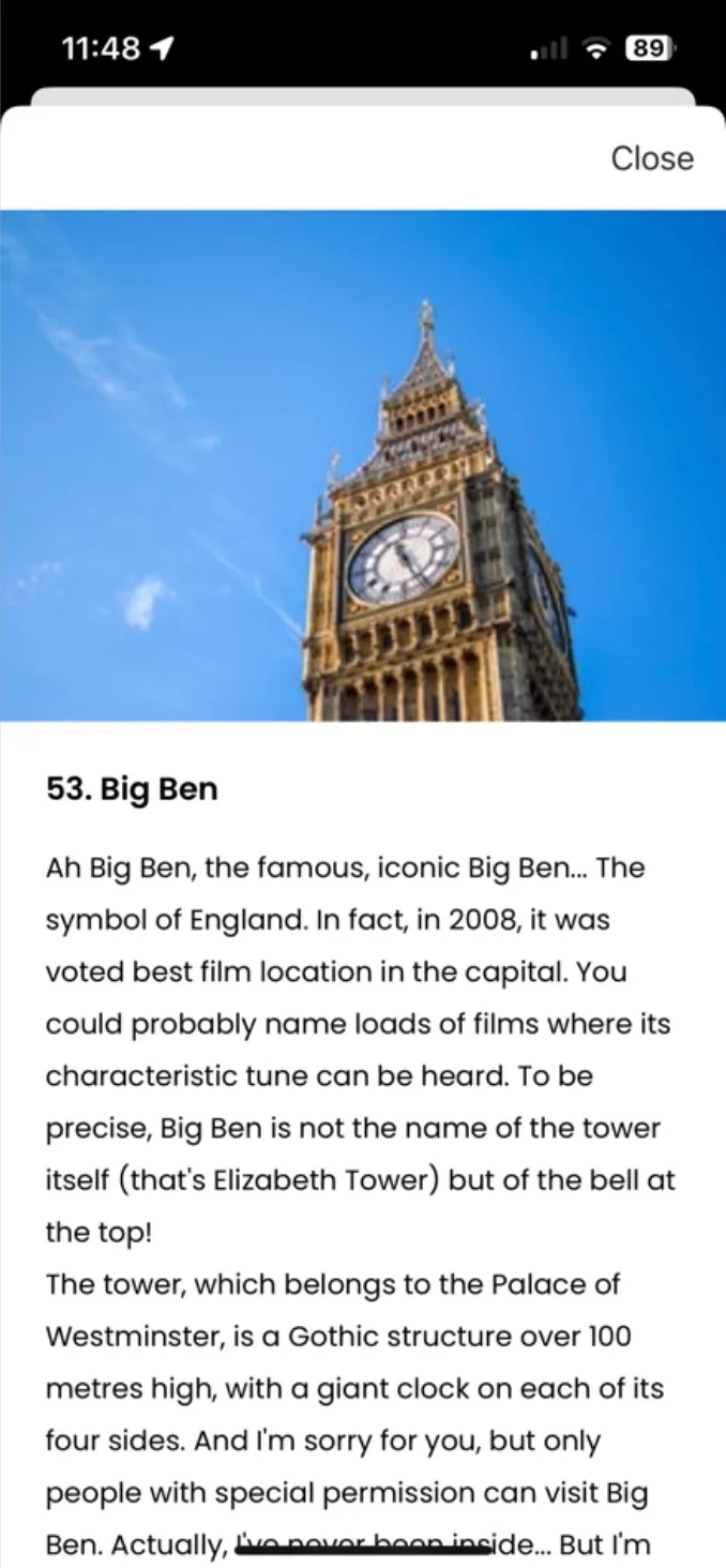 Tootbus attraction screen for Big Ben