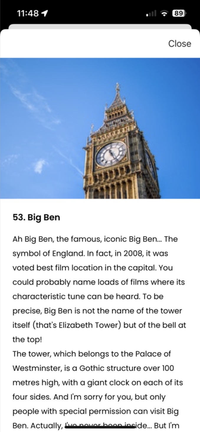 Tootbus attraction screen for Big Ben