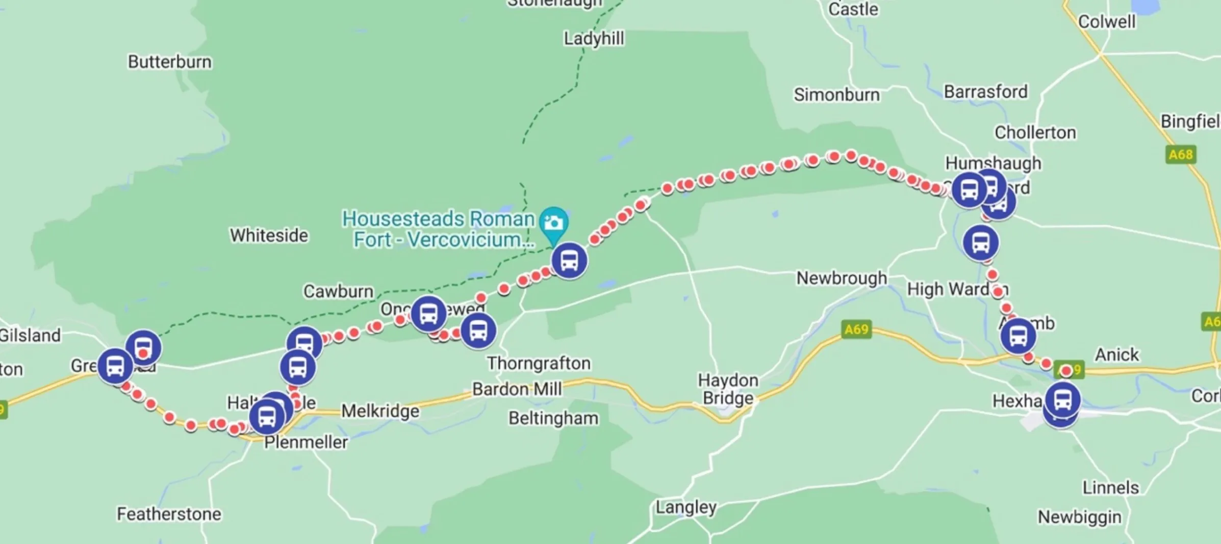 The AD122 bus stops plotted in Google My Maps