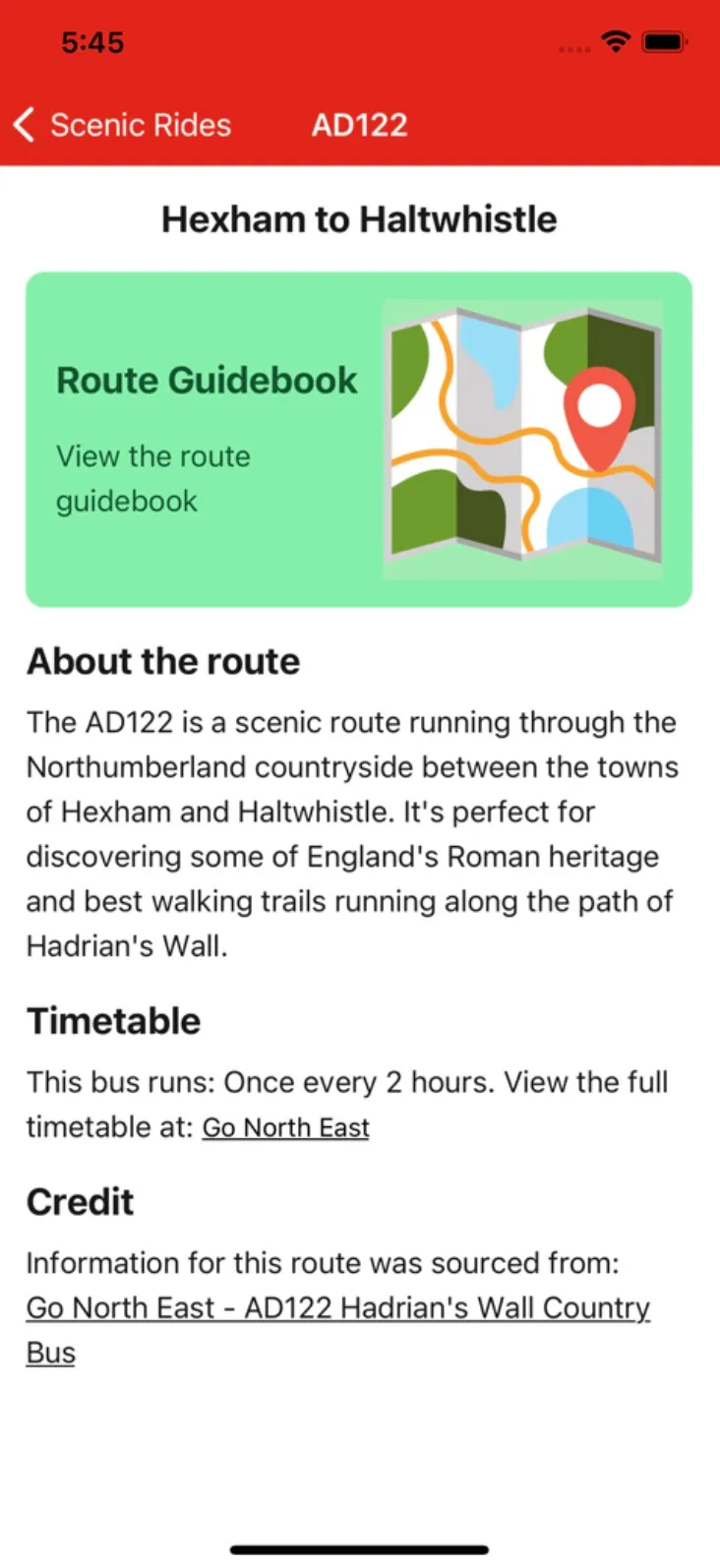 Scenic Rides bus route screen